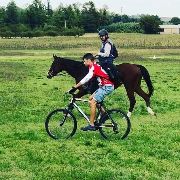 Un cavaliere e un ragazzo in bicicletta affiancati sul prato: l'ippovia è aperta a cavalli, bici e camminatori